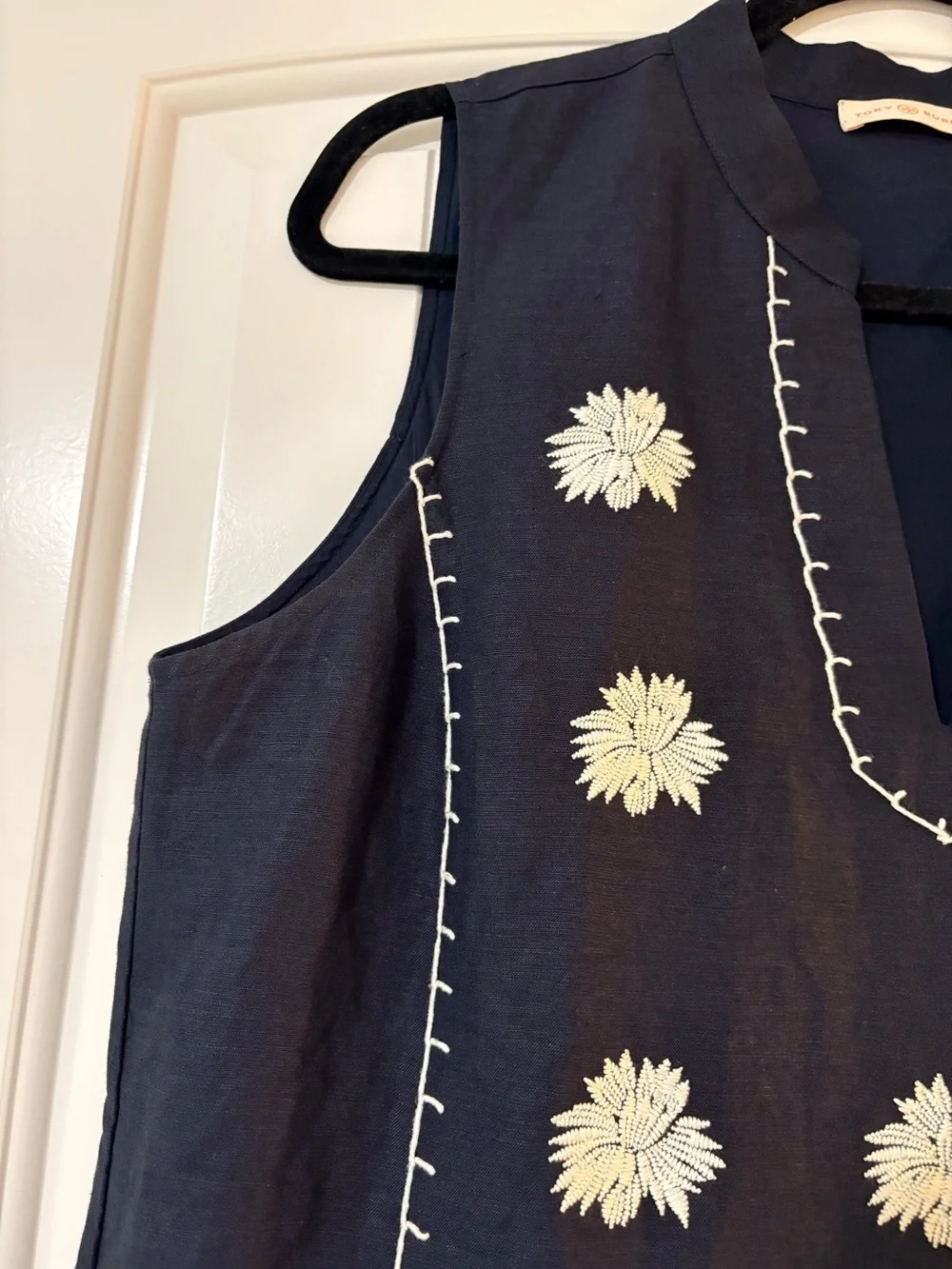 Tory Burch Navy Sleeveless Shift Dress with White Floral Embroidery